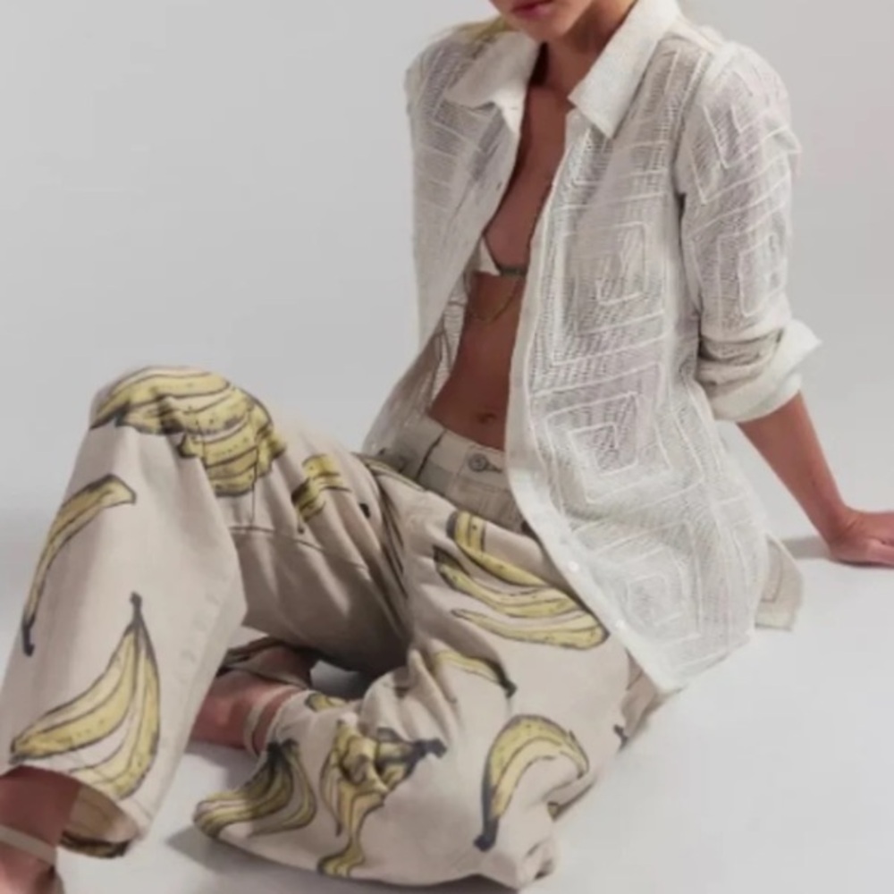 NWT FREE PEOPLE We The Free Good Luck Printed Barrel Jeans - Go Bananas - Picture 4 of 8